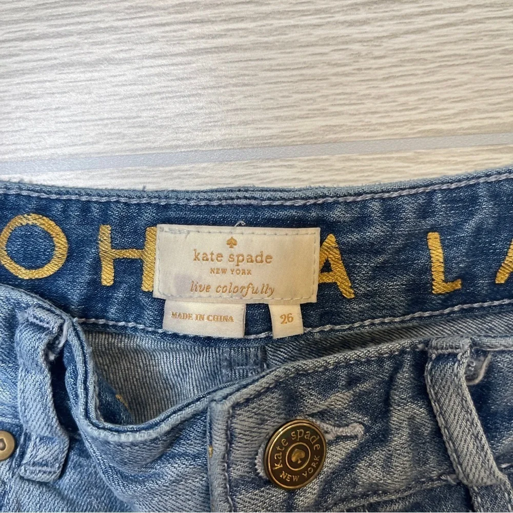 Kate Spade Straight High Waist Ooh La La Crop Raw Hem Blue Denim Jeans Size 26
